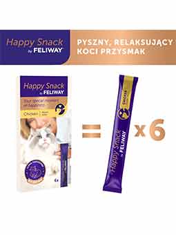 Opakowanie przysmaków dla kotów Happy Snack by Feliway o smaku kurczaka, idealne do codziennego rozpieszczania zwierzaka.