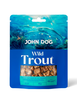Przysmaki Wild dla psa, marka John Dog, kostki pstrąg trout.