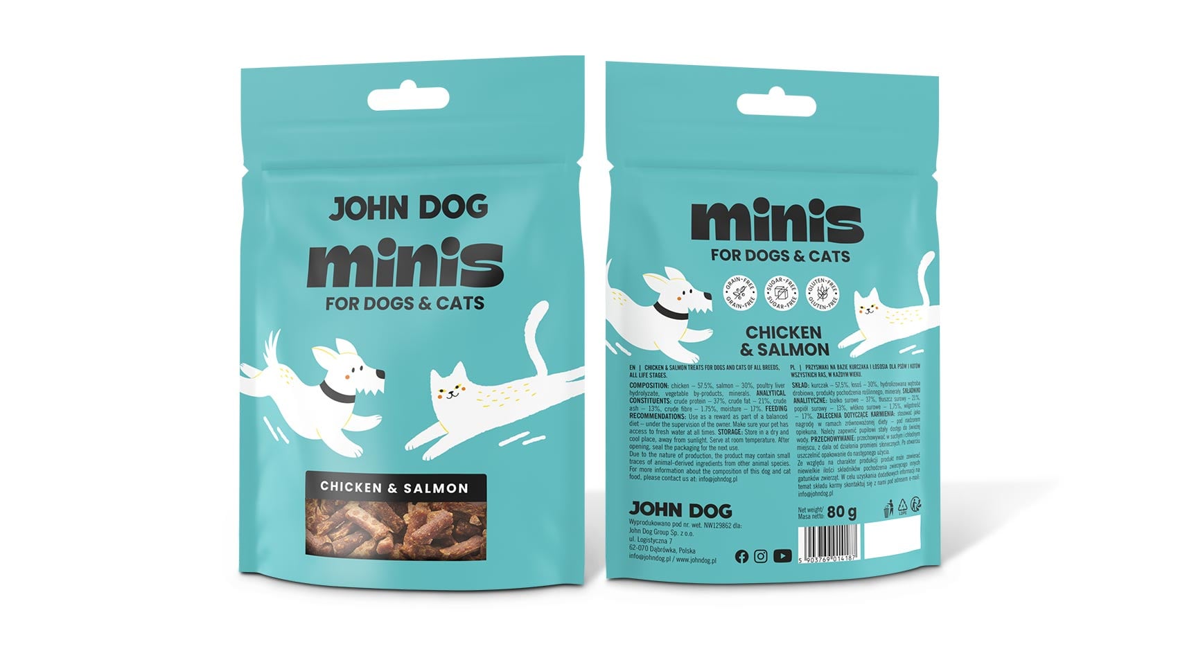 Przysmaki dla psa i kota Minis marki John Dog, smak kurczak i łosoś.