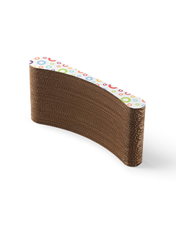 Kreatywnie zaprojektowany tekturowy drapak dla kota od dlaprzyjaciela, przedstawiający wzorzyste, kolorowe boki i naturalnie wyglądającą tekturową środkową część. W zestawie znajdują się dwie zabawki, które zwiększają atrakcyjność produktu.