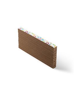 Tekturowy drapak dla kota o falistym kształcie i wygodnej, zakrzywionej formie. Posiada jedną stronę pokrytą wesołym wzorem w kolorowe koła, co przyciąga uwagę i stymuluje zabawę.