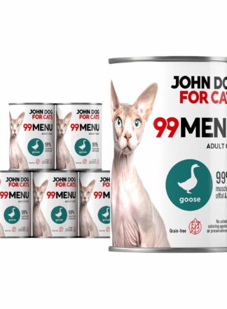 Zestaw sześciu puszek mokrej karmy dla kota z gęsiną, linia 99 menu, pojemność 400 g.