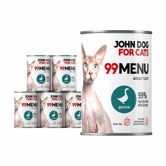 Zestaw sześciu puszek mokrej karmy dla kota z gęsiną, linia 99 menu, pojemność 400 g.