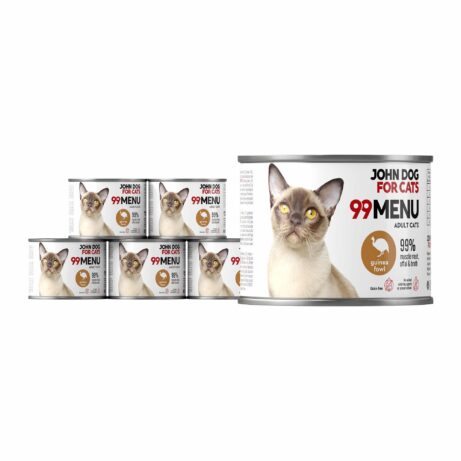 Zestaw sześciu puszek mokrej karmy dla kota z perliczką, linia 99 menu, pojemność 200 g.