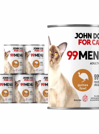 Zestaw sześciu puszek mokrej karmy dla kota z perliczką, linia 99 menu, pojemność 400 g.