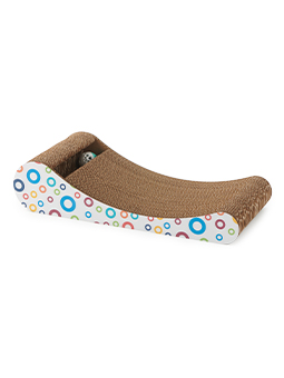 Elegancki i funkcjonalny tekturowy drapak dla kota, z falowanym profilem dla dodatkowej zabawy i komfortu drapania. Wyróżnia się jaskrawymi, kolorowymi kołami na jednej stronie, co czyni go atrakcyjnym dodatkiem do przestrzeni mieszkalnych.