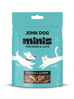Przysmaki Minis dla psa i kota, marka John Dog, smak kurczak i łosoś.