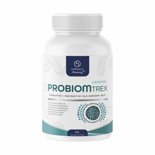 Białe opakowanie suplementu "PROBIOMTREX" marki Hippovet Pharmacy dla psów i kotów. Zawiera probiotyki i postbiotyki wspierające zdrowie jelit. Na etykiecie grafika jelit oraz informacje o składzie.