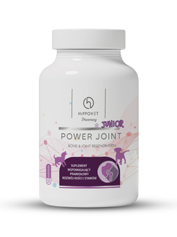 Suplement diety Power Joint Junior marki Hippovet Pharmacy. Opakowanie jest białe z kolorową etykietą, na której widnieją sylwetki szczeniąt oraz informacje o produkcie. Etykieta informuje, że suplement wspomaga prawidłowy rozwój kości i stawów, zawiera 50 kapsułek i jest przeznaczony dla młodych psów.