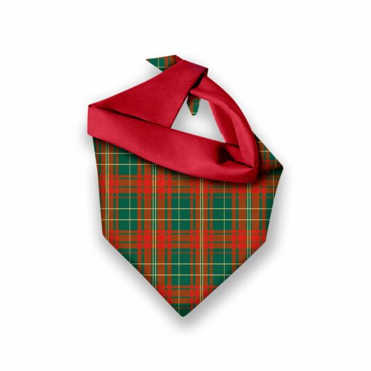 Zdjęcie apaszki dla psa zawiązanej na supeł, w świąteczny wzór kratki w odcieniach czerwieni, zieleni i brązu. Tylna strona apaszki jest w jednolitym czerwonym kolorze.