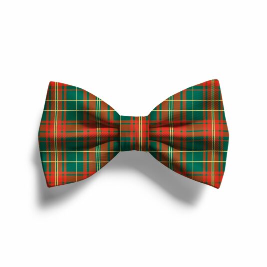 Zdjęcie muszki dla psa w świąteczny wzór kratki, w kolorach czerwonym, zielonym i brązowym. Muszka jest symetryczna, z prostymi liniami w klasycznym świątecznym stylu.