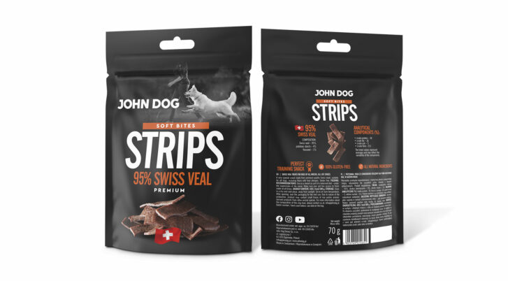 Przysmaki Soft dla psa, marka John Dog, strips swiss veal premium 95%.