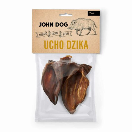 Opakowanie zawierające 2 sztuki naturalnych gryzaków - suszonych uszu dzika marki John Dog, widok z przodu. Etykieta przedstawia rysunek dzika oraz logo marki.