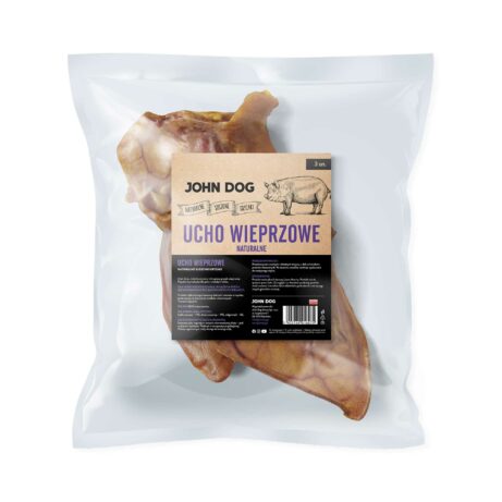 Opakowanie zawierające 3 sztuki naturalnych gryzaków - suszonych uszu wieprzowych marki John Dog, widok z przodu. Na opakowaniu ilustracja świni oraz podstawowe informacje o produkcie.
