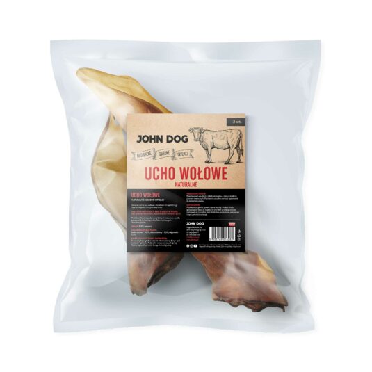 Opakowanie zawierające 3 sztuki naturalnych gryzaków - suszonych uszu wołowych marki John Dog, widok z przodu. Na opakowaniu widnieje ilustracja krowy oraz szczegóły dotyczące produktu.