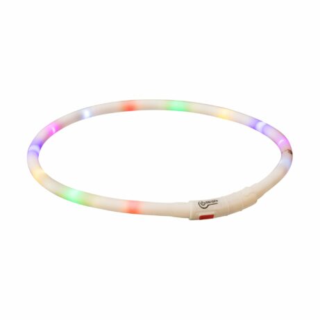 Migająca obroża LED dla psa, która po włączeniu świeci różnymi kolorami, zapewniając świetną widoczność po zmroku. Elastyczna konstrukcja sprawia, że obroża jest wygodna w użytkowaniu, a ładowanie odbywa się za pomocą kabla USB.