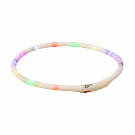 Migająca obroża LED dla psa, która po włączeniu świeci różnymi kolorami, zapewniając świetną widoczność po zmroku. Elastyczna konstrukcja sprawia, że obroża jest wygodna w użytkowaniu, a ładowanie odbywa się za pomocą kabla USB.