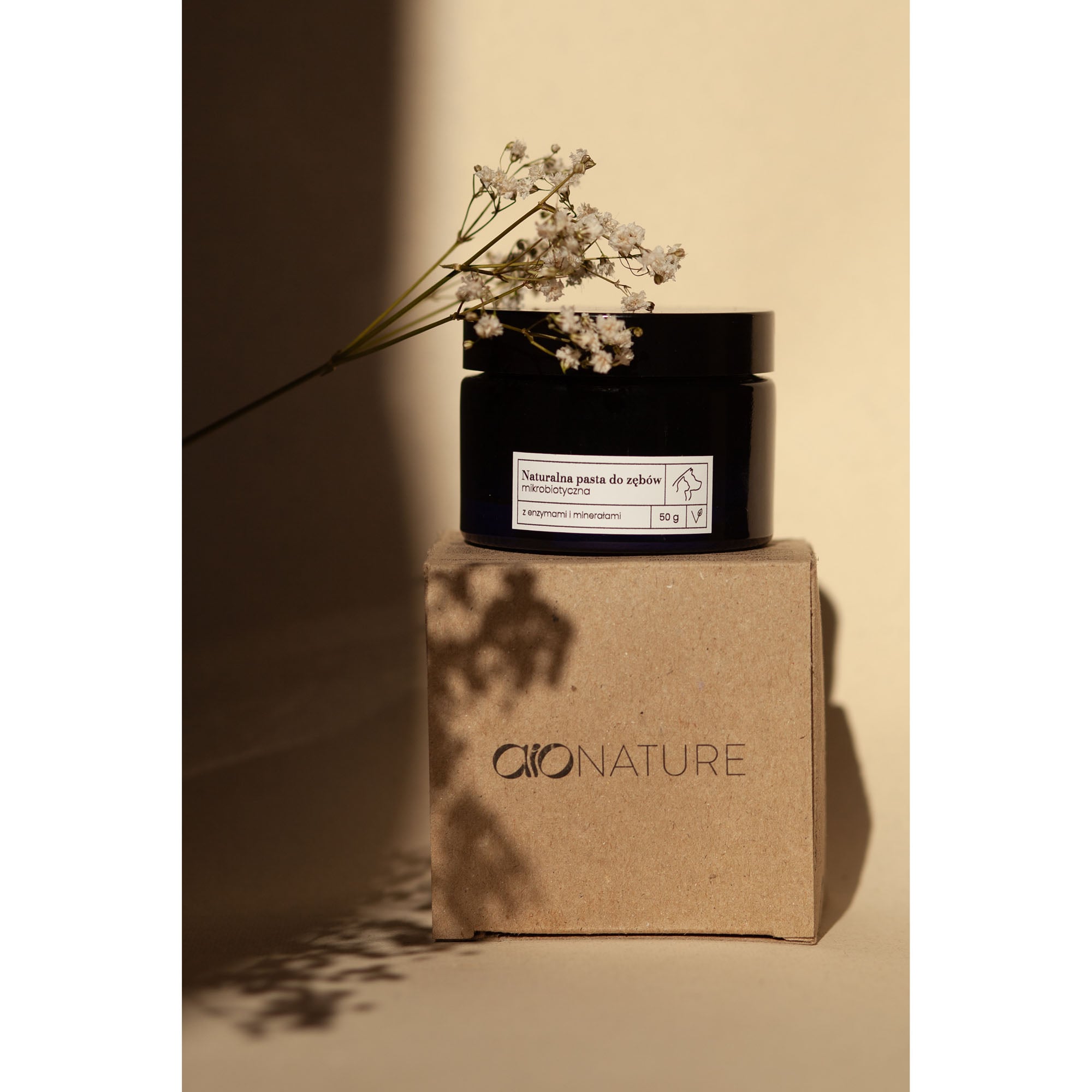 Na zdjęciu widoczna jest butelka naturalnego płynu do higieny jamy ustnej dla psa i kota marki Aio Nature o czarnym, minimalistycznym designie, ustawiona obok kartonowego opakowania z opisem produktu.