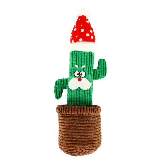 Maskotka pluszowa piszcząca dla psa w kształcie kaktusa w doniczce, ubrana w świąteczną czapkę Mikołaja, z brodą i zabawnym wyrazem twarzy.