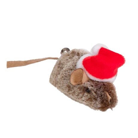 Maskotka pluszowa z dzwonkiem dla kota w kształcie brązowej myszy, ubrana w świąteczną czapkę Mikołaja. Produkt zapakowany na blistrze.