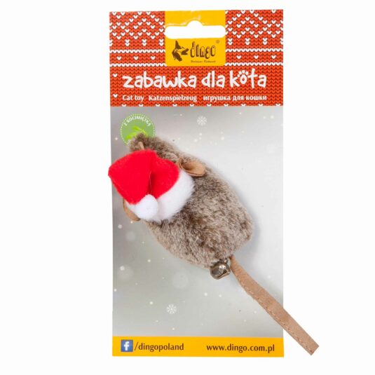 Maskotka pluszowa z dzwonkiem dla kota w kształcie brązowej myszy, ubrana w świąteczną czapkę Mikołaja.