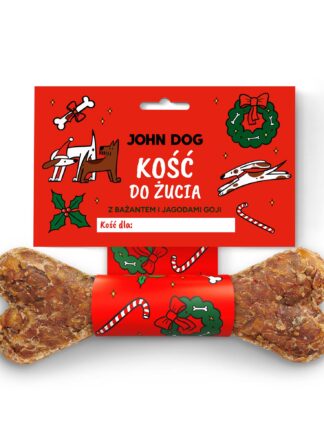 Kość do żucia dla psa John Dog z bażantem i jagodami goji w świątecznym opakowaniu. Idealny naturalny gryzak i prezent dla psa.