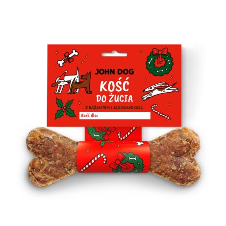 Kość do żucia dla psa John Dog z bażantem i jagodami goji w świątecznym opakowaniu. Idealny naturalny gryzak i prezent dla psa.