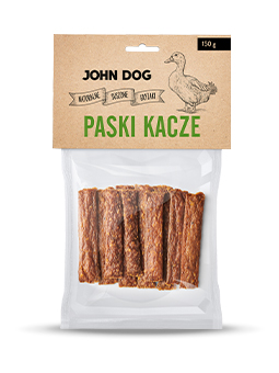 Przysmaki naturalne marki John Dog, paski kacze dla psa, 150 g.