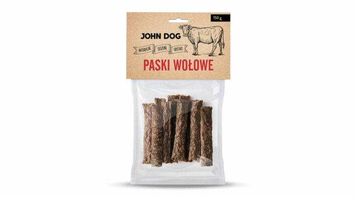 Przysmaki naturalne marki John Dog, paski wołowe dla psa, 150 g.