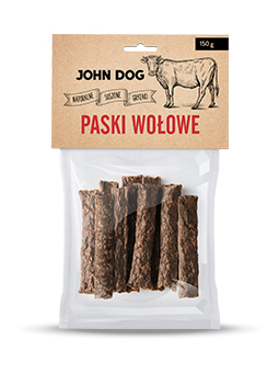Przysmaki naturalne marki John Dog, paski wołowe dla psa, 150 g.