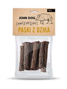 Przysmaki naturalne marki John Dog, paski z dzika dla psa, 150 g.