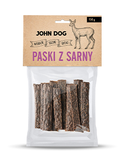 Przysmaki naturalne marki John Dog, paski z sarny dla psa, 150 g.