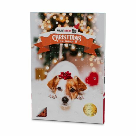 Kalendarz adwentowy dla psa 2025 marki Faunakram z przysmakami przeznaczonymi dla psów. Kalendarz ma numerowane okienka ze smakołykami, na każdy dzień adwentu.