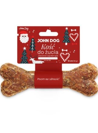 Świąteczna kość do żucia John Dog w opakowaniu prezentowym.