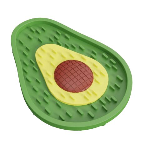 Mata do lizania w kształcie awokado dla psa i kota, przedstawiona z boku, z wyraźnym trójwymiarowym efektem i różnymi fakturami do lizania, przeznaczona do rozprowadzania pokarmu dla zwierząt.