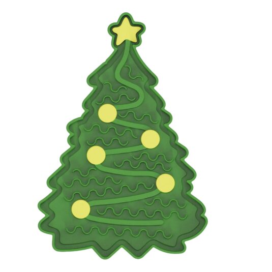 Mata do lizania w kształcie choinki dla psa i kota, z żółtymi ozdobami i gwiazdą na szczycie. Zielona mata ma różnorodne faktury, które służą do rozprowadzania pokarmu dla zwierząt.