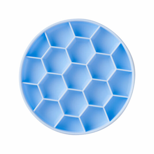 Silikonowa mata do lizania, miska spowalniająca jedzenie w kształcie plastra miodu. Niebieska marki John Dog.