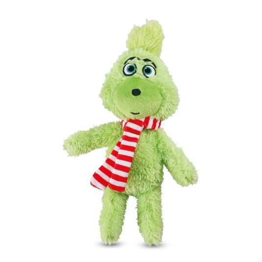 Zielona pluszowa zabawka dla psa marki Nobby, inspirowana postacią Grincha. Zabawka ma okrągłe, szeroko otwarte oczy, a wokół szyi czerwono-biały szalik w paski.