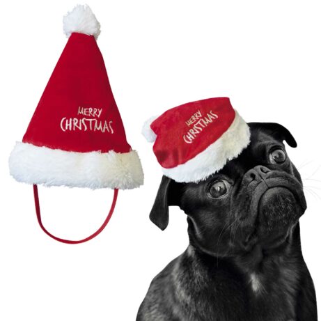 Czerwona pluszowa czapka świąteczna marki Nobby, z białym futerkiem i napisem „Merry Christmas”. Obraz przedstawia czapkę na psiej głowie.