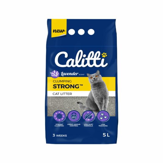 Worek żwirku bentonitowego Calitti o zapachu lawendy, granatowe opakowanie z przodu. Widoczne logo Calitti, obraz kota oraz ikony wskazujące na cechy produktu, takie jak mocne zbrylanie, kontrola zapachu, niski poziom pyłu.