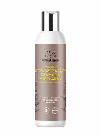 Produkt PetHarmony - Oczyszczający szampon micelarny w brązowej butelce z metalowym korkiem, na białym tle.