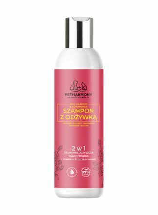 Produkt PetHarmony - Szampon z odżywką dla psów 2w1 w różowej butelce z metalowym korkiem, na białym tle.