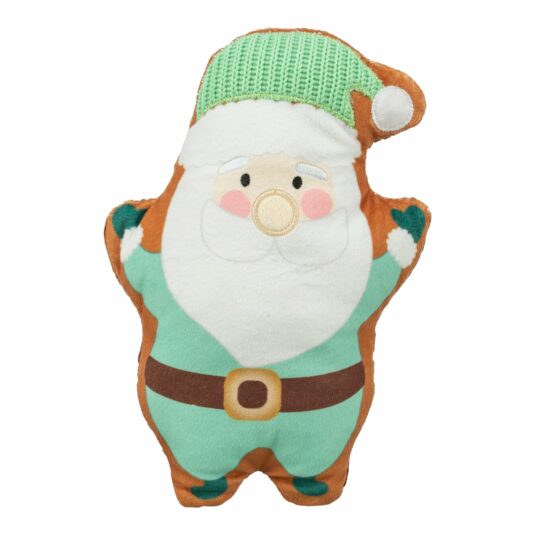 Pluszowa zabawka marki Trixie w kształcie Świętego Mikołaja z zieloną, dzianinową czapką i rękawiczkami, jasną brodą oraz radosnym wyrazem twarzy – idealna dla zwierząt.