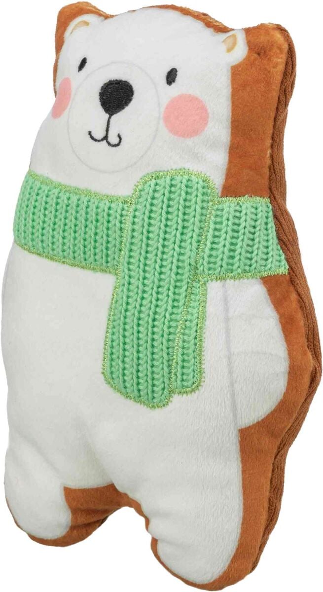 Miękka zabawka pluszowa marki Trixie w kształcie misia polarnego, ubrana w zielony, dzianinowy szalik, z przyjaznym wyrazem twarzy i rumianymi policzkami.