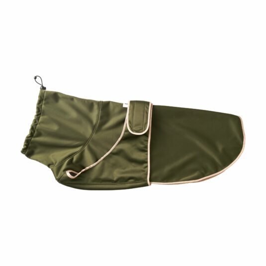 Oliwkowa kurtka softshellowa dla psa marki John Dog, widok z boku, przedstawiający całość kurtki z zapięciem na rzep.