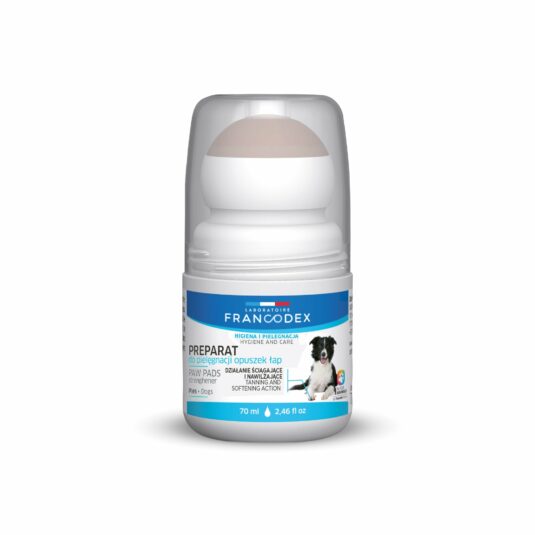 Produkt w postaci białej butelki o pojemności 70 ml, z przezroczystą nasadką i niebieską etykietą. Na etykiecie widnieje napis "Francodex" oraz informacje o produkcie przeznaczonym do pielęgnacji opuszek łap psa.