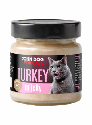 Słoik karmy dla kotów John Dog 'Turkey in Jelly' o smaku indyka w galaretce, przeznaczony dla dorosłych kotów, o pojemności 170 g.