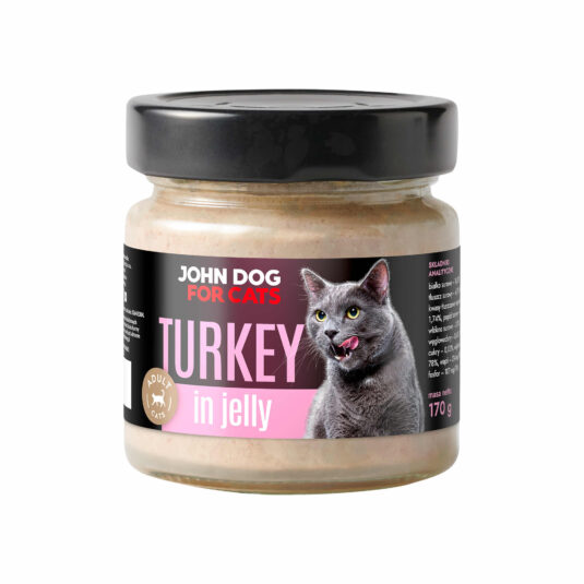 Słoik karmy dla kotów John Dog 'Turkey in Jelly' o smaku indyka w galaretce, przeznaczony dla dorosłych kotów, o pojemności 170 g.