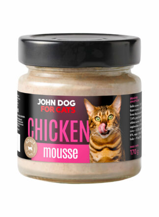 Słoik karmy dla kotów John Dog 'Chicken Mousse' w formie musu z kurczaka, przeznaczony dla dorosłych kotów, o pojemności 170 g.