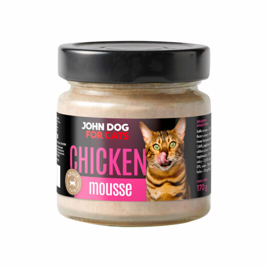 Słoik karmy dla kotów John Dog 'Chicken Mousse' w formie musu z kurczaka, przeznaczony dla dorosłych kotów, o pojemności 170 g.